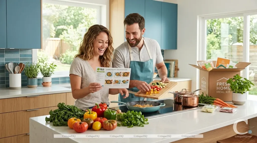 Best meal kit delivery - couple cooking together recipe card fresh vegetables kitchen