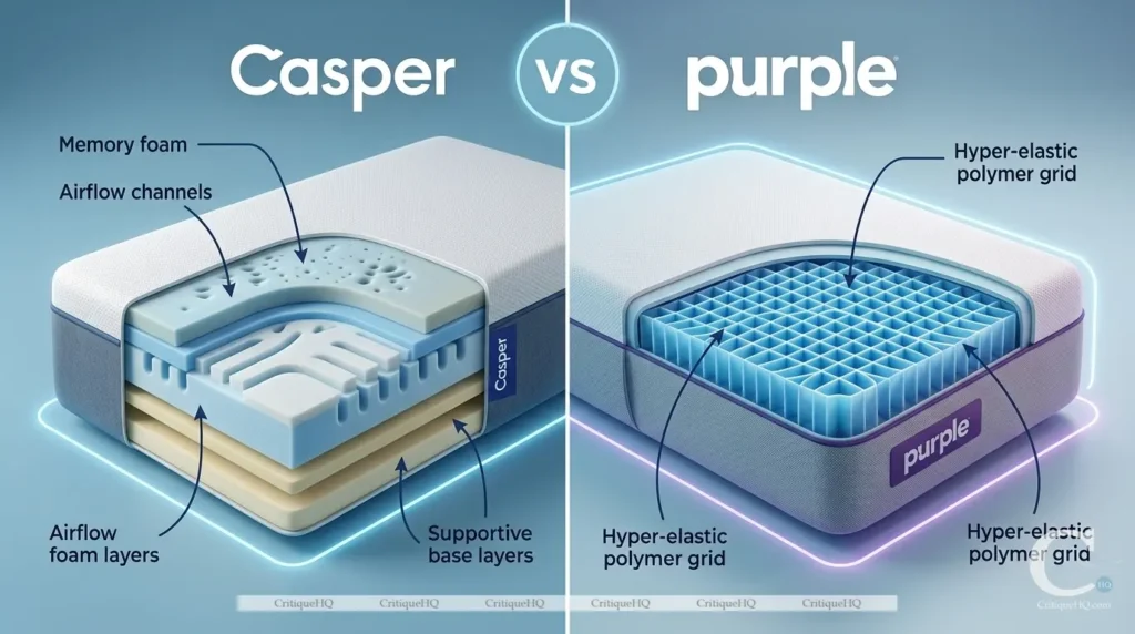 Casper vs Purple mattress construction cross-section foam vs grid technology