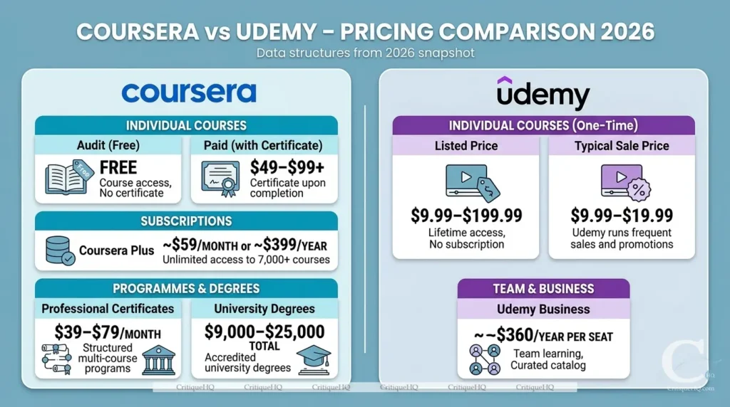 Coursera vs Udemy - Platforms pricing comparison