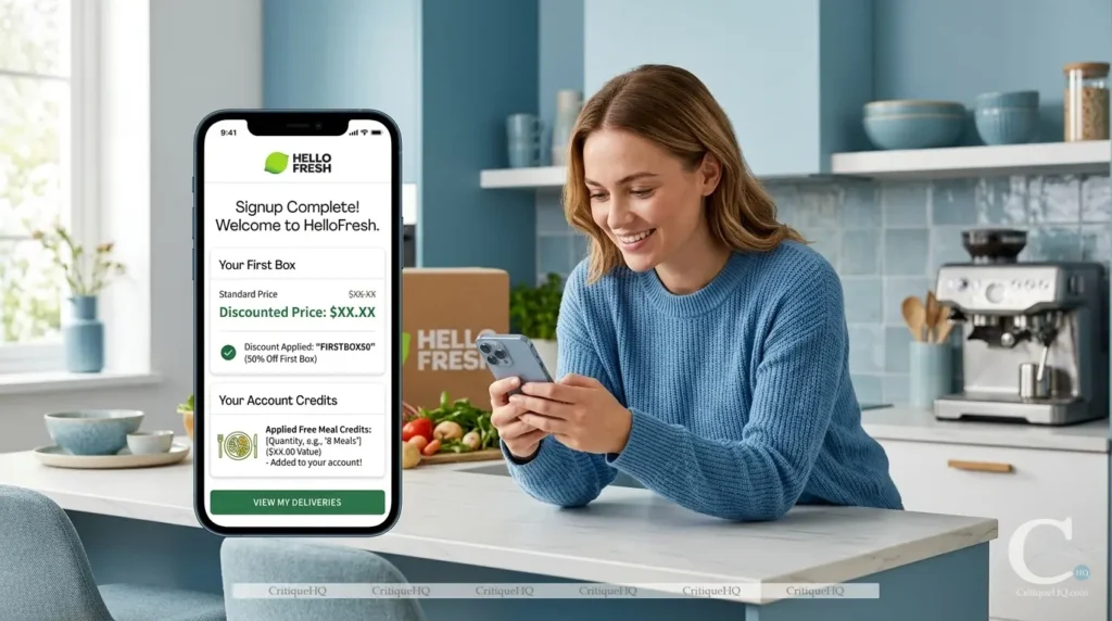 HelloFresh promo code - Claim process smartphone signup discount confirmation screen 2026
