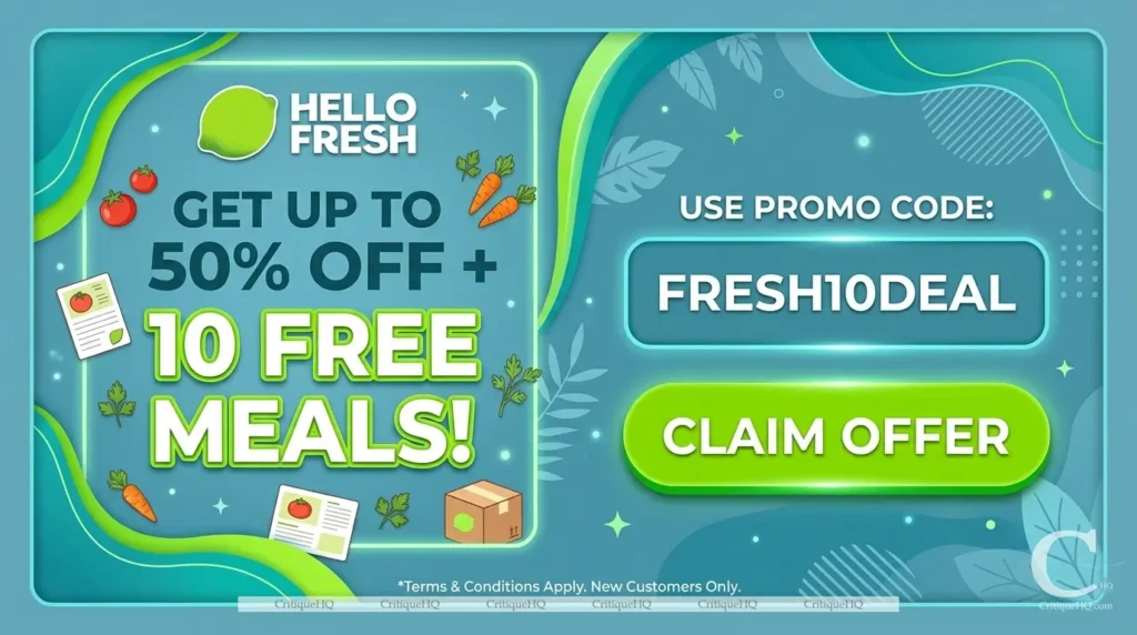 HelloFresh promo code - Current offer 10 free meals claim discount banner