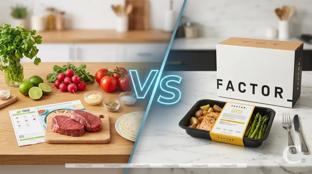 HelloFresh vs Factor - Recipe card raw ingredients vs chef prepared macro label comparison