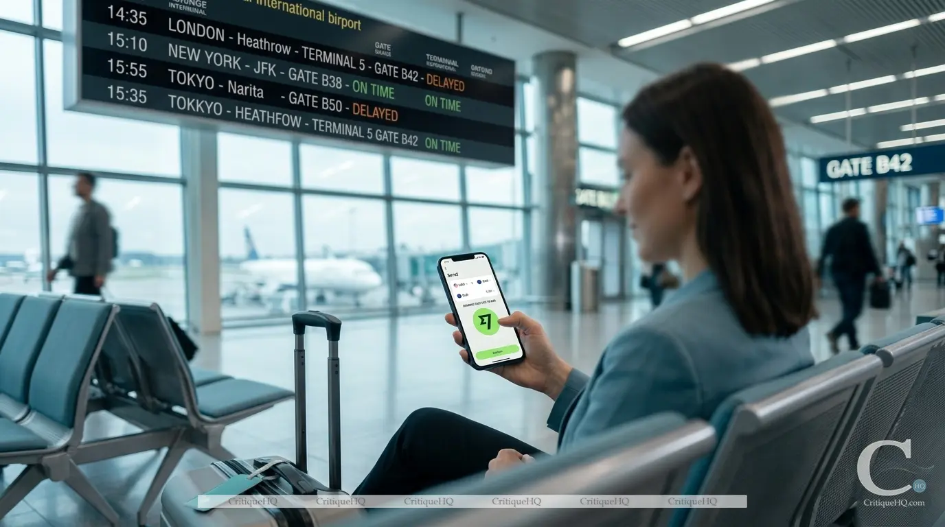 Wise review - A person using the Wise app on a smartphone at an airport, with an international departure board