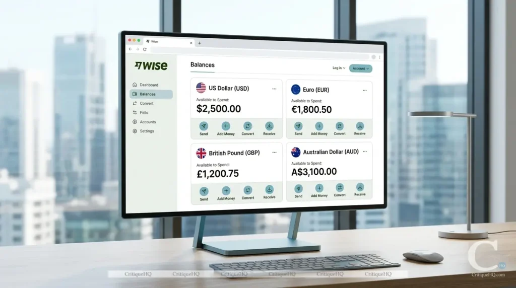 Wise review - multi-currency account dashboard USD EUR GBP balances
