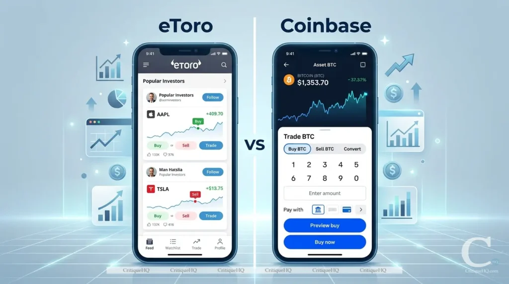 eToro vs Coinbase app interface comparison social trading vs crypto exchange