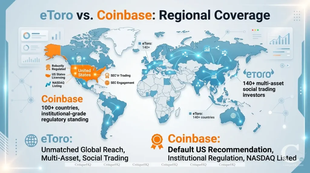 eToro vs Coinbase geographic availability world map which countries supported